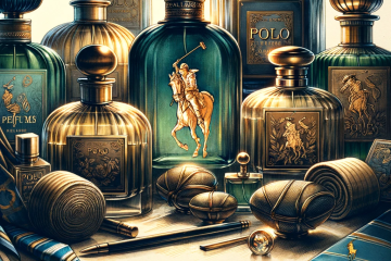 A primeira ilustração destaca a coleção de perfumes Polo, com um cenário que remete à origem sofisticada da marca.